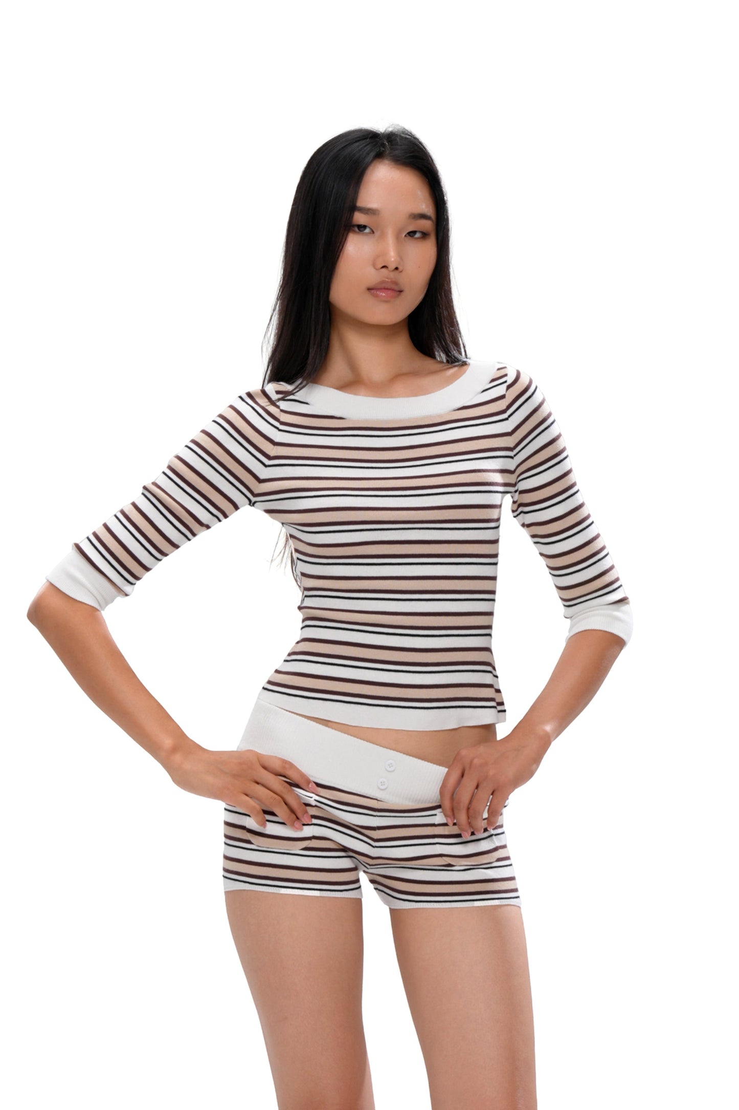 STRIPED BOATNECK KNIT TOP & SHORT