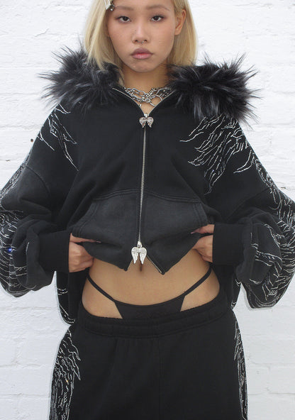 FALLEN FAUX FUR RHINESTONE ZIP HOODIE (DETACHABLE FUR)