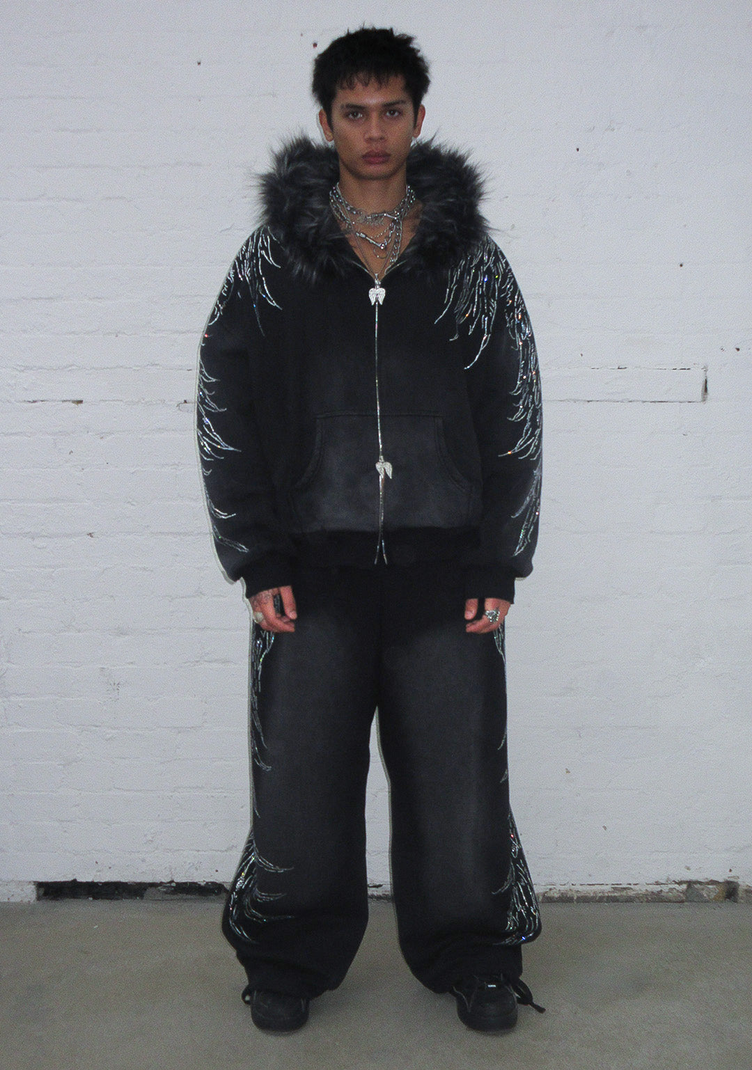 FALLEN FAUX FUR RHINESTONE ZIP HOODIE (DETACHABLE FUR)