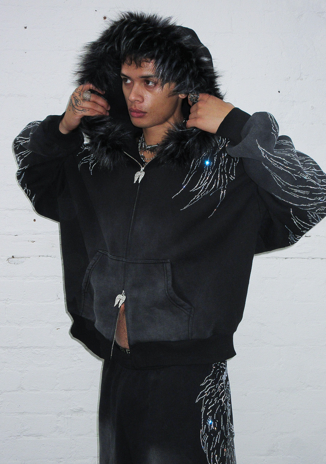 FALLEN FAUX FUR RHINESTONE ZIP HOODIE (DETACHABLE FUR)